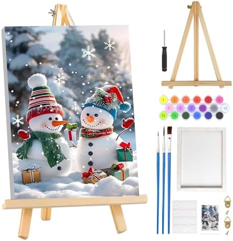 MOGTAA Christmas Paint by Numbers Kit for Adults Beginners with Frame, Snowman Adult Paint by Number Kits on Canvas with Easel, Easy DIY Winter Oil Painting Kits for Home Decor, 8x12in