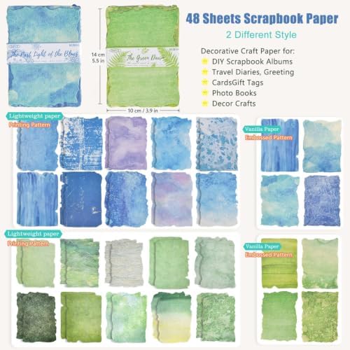 48 Sheets Textured Scrapbook Paper, Vintage Decorative Materials Embossed Rice Decoupage Paper Mixed Media for Scrapbooking Supplies Junk Journaling Cards Making Collage DIY Craft Gifts, 5.51x3.94in