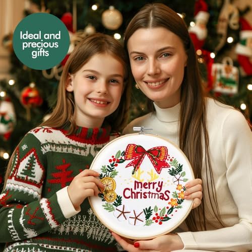 wtisan Christmas Embroidery Kit, Cross Stitch Kits for Beginners, Needlepoint with All Tools & Instructions, Stamped Hand Embroidery Starter Kit for Holiday Crafts & Xmas Home Decor, W14