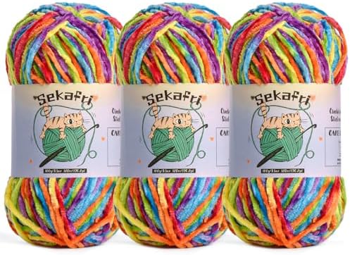 3 Pack of 300g (590yds) Fuzzy Chenille Yarn for Crocheting,Fluffy Amigurumi Crochet Yarn for DIY Craft/Hat/Clothes, Soft Velvet Baby Blanket Yarn（3 Rainbow）
