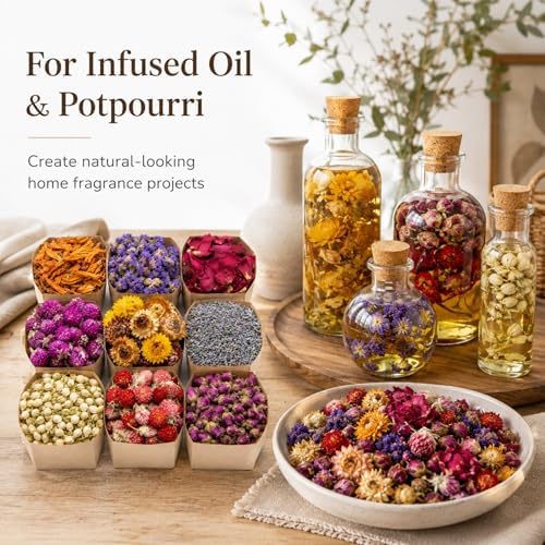 Sukh Dried Herbs Kit - Dried Botanicals Bulk,9 Bags Natural Dry Flowers and Herbs for Soap,Candle,Perfume,Bath Bombs,Resin Jewelry Making Supplies,Fragrance Sachet DIY and Witchcraft