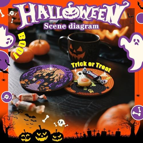 Leatrice 6 PCS Halloween Diamond Art Coasters Kits 4 in Trick or Treat