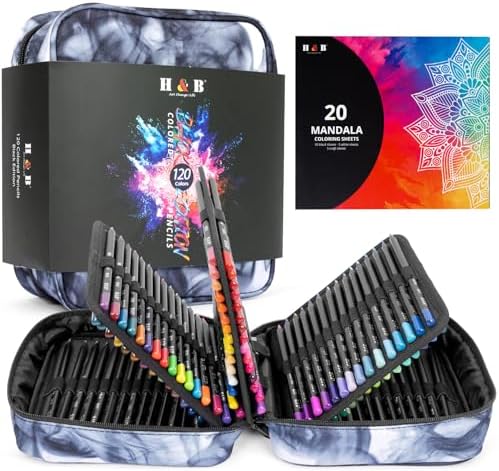 H & B 120-Color Colored Pencils Set with Mandala Coloring Sheets, Eraser, Sharpener - Soft Oil-Based CoresArt Supplies Drawing Kit for Adults, Kids, and Beginners