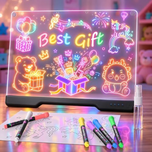 LED Drawing Board with 9 Light Effects, Rechargeable 16" Glow Doodle Note Message Board with Colors, Neon Light Up Drawing Pad Gift Ideas for Kids, Birthday, Christmas with Markers & Tracing Book
