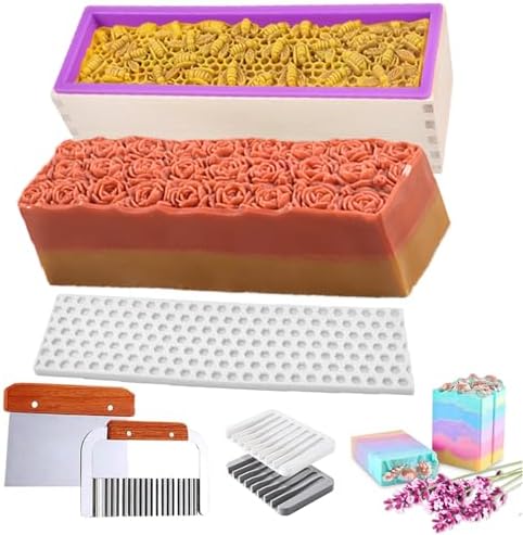 Loaf Soap Making Kit, 44oz Silicone Soap Making Liner Wood Box with Beehive & Hexagon & Rose Mat Creative Honeycomb Mat Mold for DIY Soap Making (Purple & Pink) (Pink Mold-Rose)