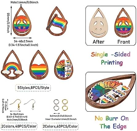 40pcs Gay Pride Wooden Earring Charms Rainbow Flat Teardrop Wood Pendants with Ear Hooks & Jump Rings for Pride Events Gay Month Parade DIY Jewelry Hanging Ornament Making