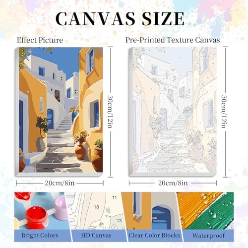 Camocin Framed Paint by Numbers Kit for Adults Beginner - Santorini Street Paint by Number Canvas with Frame, DIY Coastal Landscape Acrylic Painting Kit for Stress Relief Home Wall Decor 8x12 Inch