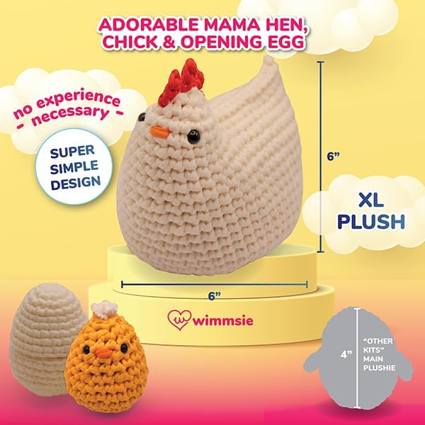 Wimmsie Crochet Animal Kit for Beginners - Easy Beginner Crochet Kit for Kids - Gift for Mom - Amigurumi Chicken Chick & Egg - 3 Kawaii Stuffed Animals - Cute DIY Yarn Plush