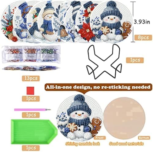 8 Pack Diamond Art Coasters,Christmas Snowman Diamond Painting Coasters