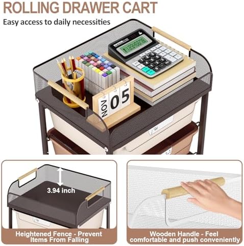 SYKIARIOL 4-Drawer Rolling Storage Cart with Mesh Top,Brown