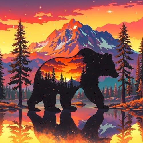 Paint by Numbers Kit for Adults, Sunset Bear Number Painting, 16 x 16 Inch | DIY Adult Paint by Number Kit on Canvas for Beginners, without Frame, Wildlife Wall Decor, Stress Relief Craft Gift