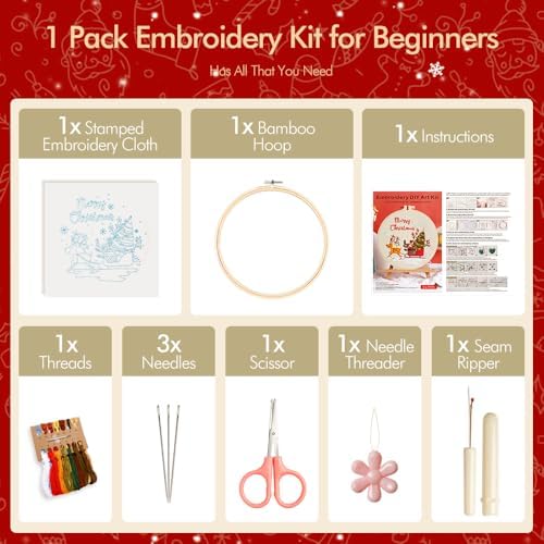 wtisan Christmas Embroidery Kit, Cross Stitch Kits for Beginners, Needlepoint with All Tools & Instructions, Stamped Hand Embroidery Starter Kit for Holiday Crafts & Xmas Home Decor, W15