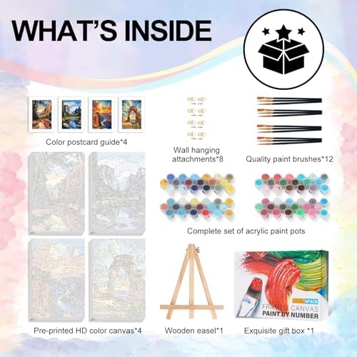 4 Pack Framed Paint by Numbers Kit for Adults National Park, Wooden Easel | With Frame, National Parks DIY Acrylic Painting, For Adults Beginner, Stress Relief Craft Kits, Home Wall Decor Gift, 8x12 IN