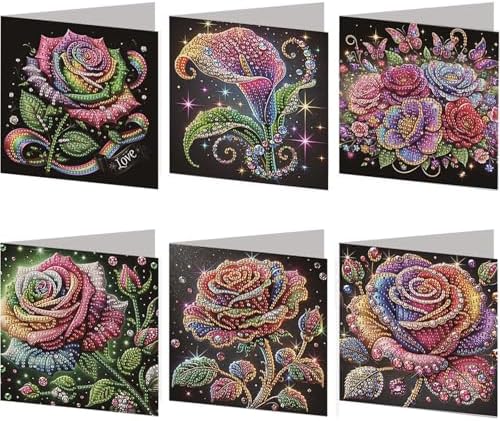 Diamond Art Cards with Envelopes–6PCS DIY Diamond Painting Greeting Cards Kit | Card Making Kit with Bling for Adults & Beginners | Birthday,Holiday & Thank You Cards (Rose Flower)