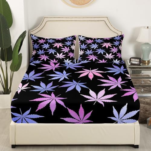 Cannabis Leaves Sheet Set Hemp Leaf Plant Bedding Set Natural Botanical Bed Sheets Teens Room Decor Black Purple Pink (Full Flat & Fitted Sheet with 2 Pillow Case)