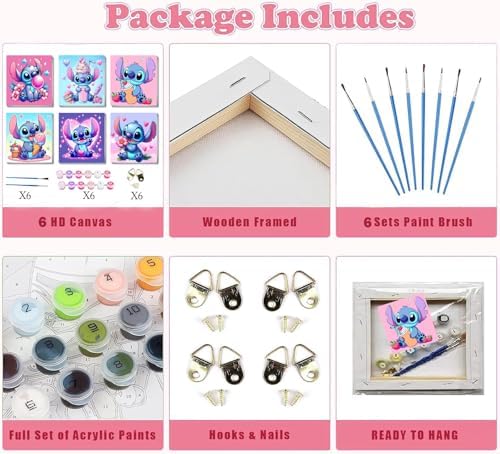 CraftyTime 6 Pack Cartoon Paint by Numbers Kits for Kids with Framed Canvas Paint by Number for Kids Ages 4-8-12, DIY Easy Acrylic Oil Painting Kits for Home Wall Decor (8X8inch)