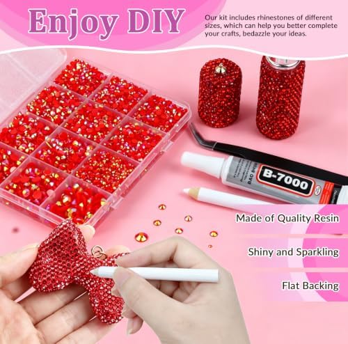 10000PCS Red AB Rhinestones Bedazzling Gems 2/3/4/5/6MM Mix Sizes Resin Jelly Bedazzler Kit Flatback with Complete Tools for DIY, Nail, Art Craft for Girls Gift