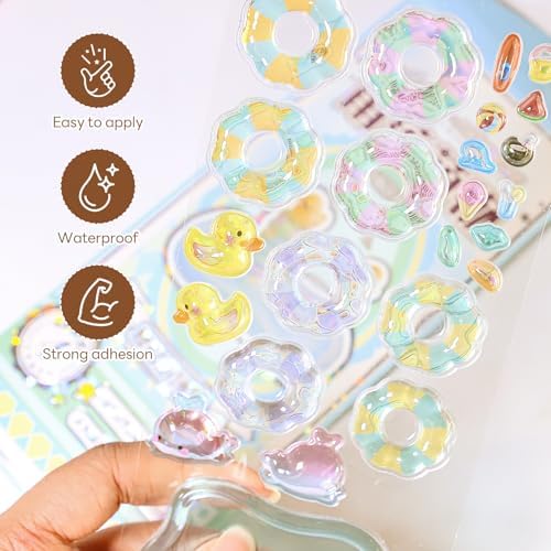 Fun Summer Beach 3D Stickers, Dual-Use Decorative Stickers & Mini Desktop Ornament Kit with Duck Whale Swim Ring, Laptops, Scrapbooking, DIY Craft Set for Summer Party Gifts