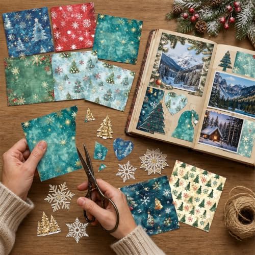 6inch Christmas Scrapbooking Paper Pad, 24 Sheets Snowflakes Aesthetic Patterned Decorative for DIY Art Crafts Collage XmasTrees Journals Decoupage Folded Supplies Gift Cards Photo Album