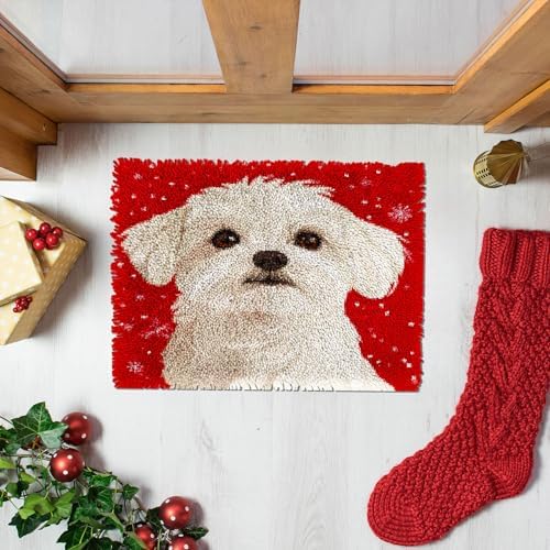 Latch Hook Rug Kit for Adults Merry Christmas Maltese Dog Pre-Printed Handmade Carpet Crochet Yarn Craft DIY Hook and Latch Door Mat Tapestry Home Floor Decoration 52x38cm(12)