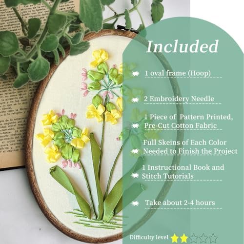 FONNUY Ribbon Embroidery 3D Flowers Pattern Design Kit Embroidery DIY Handwork Set Oval Home Decoration (Yellow Camellia)