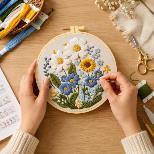HRTHRT Embroidery Kit for Beginners, Flower DIY Craft Set with Hoop