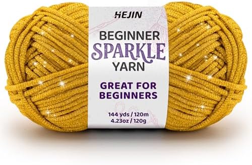 HEJIN 120g Gold Sparkle Yarn for Crocheting and Knitting | 120m(144yds) for Beginners with Easy-to-See Stitches; Worsted-Weight Medium #4; Yarn for Beginners Crochet Kit Making