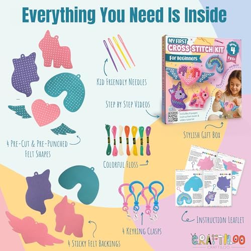 Unicorn Cross Stitch Kit for Kids Ages 6-12 - 4 Felt Beginner Projects