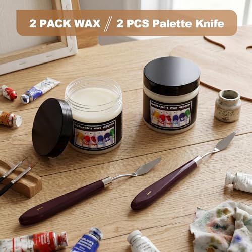 Conelist 2 Set Oil Painting Waterproof and Dustproof Wax Medium with Palette Knife Versatile Waterproof Protective Coat Wax and Dammar Resin Medium for Painting Sealing Finishing (4 oz)