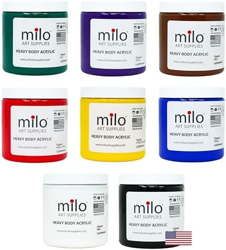 milo Heavy Body Acrylic Paint Set, 8 Primary Colors, 8 oz Jars, Semi-Gloss
