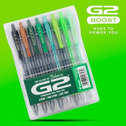 PILOT G2 Gel Roller Pens, G2 Boost Green Pens Pack, 8 Pack Pouch, Assorted