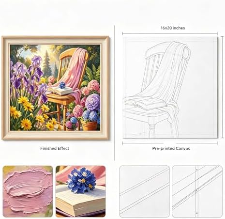 Paint by Numbers Kit for Adults - Garden Chair with Iris Flowers, DIY Paint by Number for Adults, Oil Painting Style Canvas, Beginner Friendly Paint by Numbers Kit for Home Decor