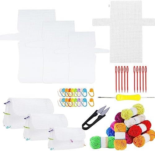 Allazone 58 PCS Clear Plastic Mesh Canvas Sheets for Embroidery, Plastic Mesh Sheets Plastic Canvas with 12 Color Acrylic Yarn for DIY Sewing Bag