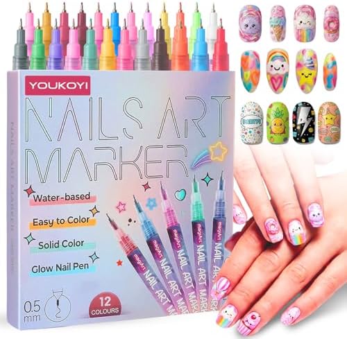 YOUKOYI Nail Art Pens, 12 Colors Precision Tip Nail Art Markers Set Easy to Use for Beginners, Vibrant Quick-Dry Paint for DIY Nail Design & Detailed Drawing - Professional Manicure Tools Kit
