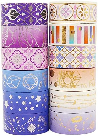 YUBBAEX Galaxy Washi Tape Set Purple Stars Decorative Tapes Silver Gold Foil Masking for Arts, DIY Crafts, Journal Supplies, Planners, Scrapbook, Gift Wrapping (Purple Night 12 Rolls)