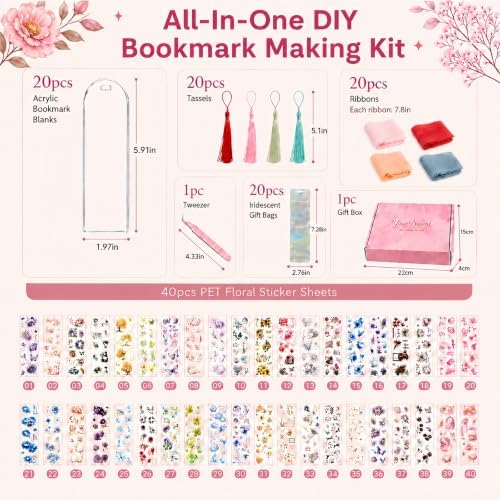 DIY Bookmark Making Kit, 20 Clear Acrylic Bookmark Blanks 5.9 x 2 in with PET Floral Bookmark Stickers, Tassels, Ribbons, Gift Bags, Bookish Gifts for Book Lovers, Book Club Crafts, Readers