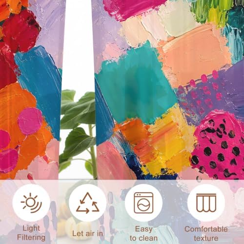 Colorful Art Sheer Curtains 63 Inch Length 2 Panels for Living Room, Geometric Modern Abstract Oil Painting Voile Kitchen Curtain Set, Luxury Privacy Drapes Window Treatment for Bedroom
