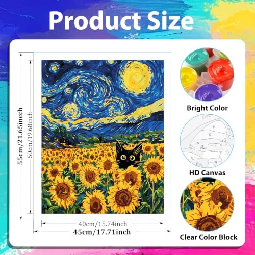 xcemhil Cat Paint by Numbers Kit for Adults, Sunflower Paint by Numbers for Adult, Starry Sky Acrylic Paint by Number Kits Suitable for Home Wall Art Decor Gifts 16x20 Inch