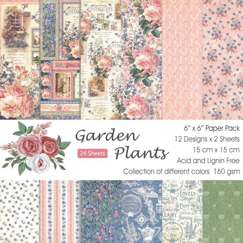 6x6" Cardstock Single Sided Scrapbooking,Craft Decorative Scrap Book Paper | 160gsm,24-Sheet 12Patterns Colored Paper,Junk Journal Supplies,Vivid Origami Papers DIY Craft Gift Wrapping Album.GardenPlant