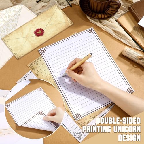 TaoBary 160 Pcs Stationery Paper Set 50 Double Sided Stationery Papers with 50 Matching Envelopes and 60 Round Dot Sticker, 10 Design(Retro,8.5 x 11 Inch)