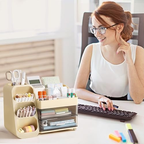 HBlife Desk Organizer with Pen Pencil Holder for Desk, Pen Organizer with 2 Drawers, Desk Organizers and Accessories with 4 Compartments, Desktop Storage for Office Home School Art Supplies, Beige