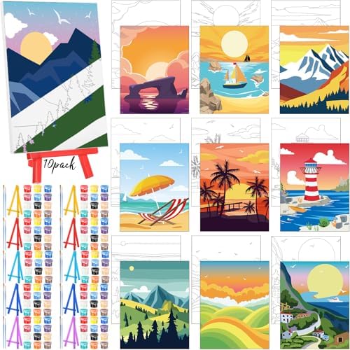 Blosssound 10 Set Pre Printed Canvas Pre Drawn Canvas Painting with Easel Kits 5" x 7" Outline Painting Panels for Beginners, DIY Craft Project, Home Decors(Summer)