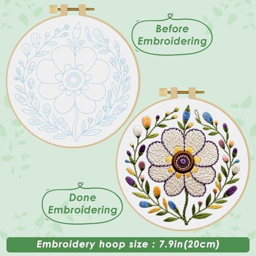 ERKOON Embroidery Kit for Beginners Adult, Cross Stitch Set Include Embroidery Cloth Hoop Threads for Craft Lover Hand Stitch with Embroidery Skill Techniques (Flower)