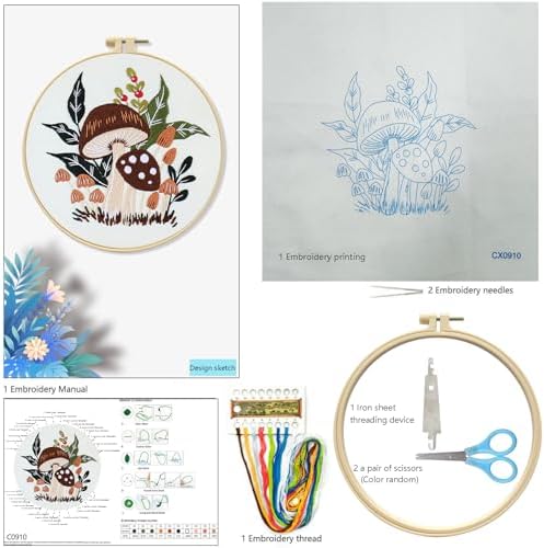 Zhenqing Mushroom Embroidery Kit for Beginners, Woodland Botanical Needlework Kit with Pre-Printed Fabric, Hoop, Threads & Tools, Cottagecore Wall Decor (S-CX0910)