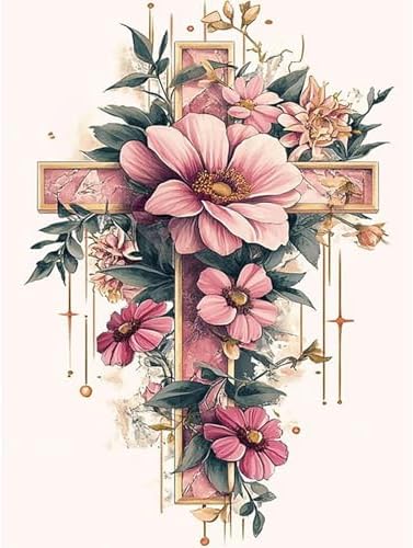 Yezavesu Cross Flower Diamond Art Kits for Adults Beginners 12x16 Inch | Religious Diamond Painting, DIY 5D Full Round Drill Gem Art, Stress Relief Craft Kits, Home Wall Decor Gift