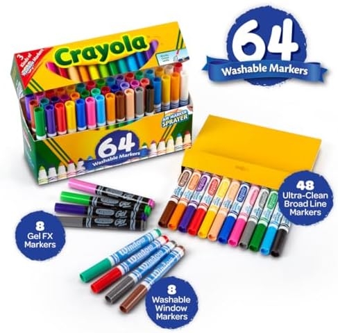 Crayola Washable Broad Line Marker Variety Set (64ct), Teacher School Supplies for Toddlers & Kids, Ultra-Clean, Window, & Gel FX Markers for Kids, 3+
