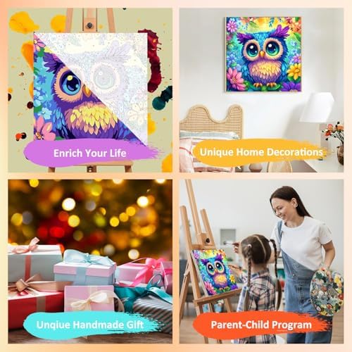 Owl Paint by Numbers Kit for Kids, 8x8 inch