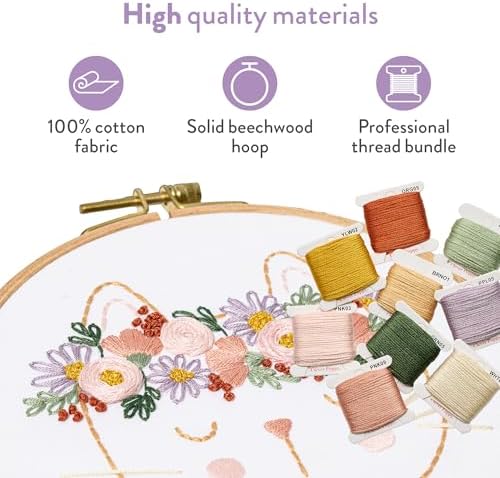 Clever Poppy Flora the Cat Beginner Embroidery Kit – Easy Embroidery Kit for Beginners with Hoop, Thread & Patterns – Hand Embroidery Kit for Adults and Teens – Complete Embroidery Starter Kit