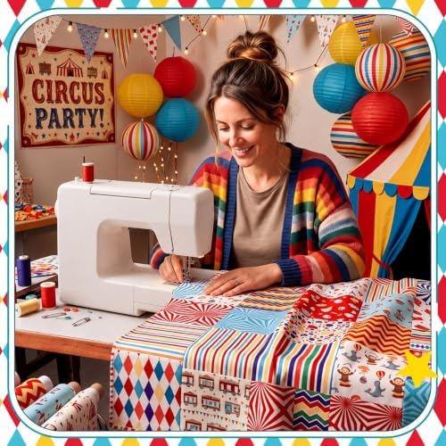 HunnmingRe 20 Pcs 10''x10'' Carnival Circus Quilting Fabric Square Precuts Quilted Fabric Bundle Monkey Striped Printed Sewing Material for Halloween Patchwork Scrapbook Junk Journal DIY Craft