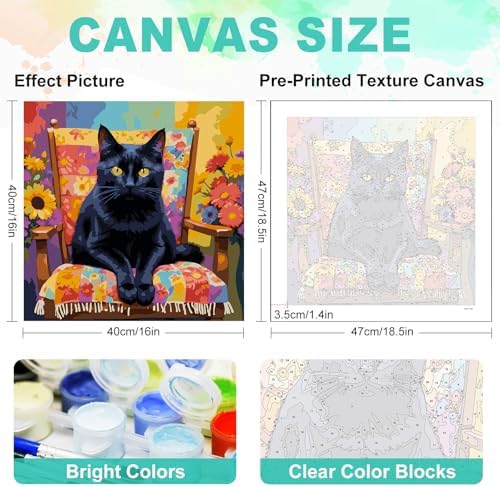 Paint by Numbers Kit for Adults, Black Cat Number Painting, 16 x 16 Inch | DIY Adult Paint by Number Kit on Canvas for Beginners, without Frame, Black Cat Wall Decor, Stress Relief Craft Gift